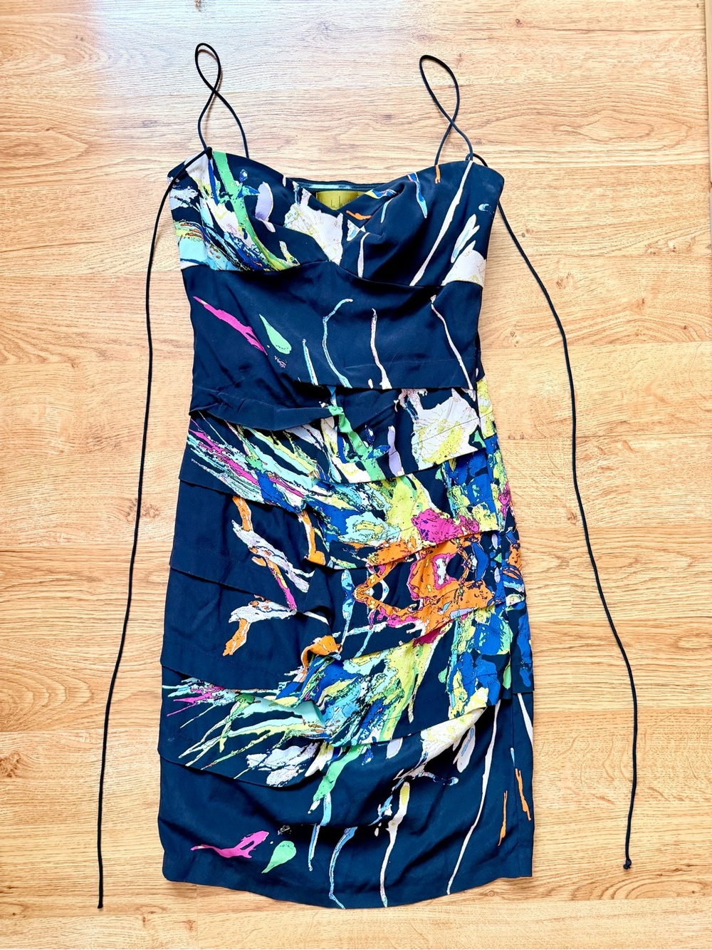 Nicole Miller Silk Black Multicolor Abstract Splash Mini Dress Size 4